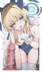 1boy 1girl 1girls absurdres after_fellatio animal_ears bare_shoulders blonde_hair blue_archive blue_eyes blue_halo blue_leotard blush breasts bunnysuit censored commentary_request cum cum_in_mouth detached_collar erection fake_animal_ears female fingernails grey_background halo heart highres izuoku leotard long_hair looking_at_viewer medium_breasts millennium_science_school_student mosaic_censoring nipples official_alternate_costume playboy_bunny rabbit_ears simple_background straight strapless strapless_leotard toki_(blue_archive) toki_(bunny)_(blue_archive) tongue tongue_out white_wrist_cuffs wrist_cuffs