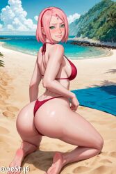 1girls ae8ty6 ai_generated artist_name ass ass_focus back_muscles bare_back bare_shoulders bare_thighs barefoot beach bent_over big_ass big_breasts bikini bikini_bottom bikini_top blush bob_cut boruto:_naruto_next_generations bottom_heavy bubble_ass bubble_butt butt_crack dat_ass facial_mark feet female female_only forehead_mark from_behind green_eyes grin hairband hand_on_hip hand_on_own_hip kneeling light-skinned_female light_skin looking_at_viewer looking_back looking_back_at_viewer milf nai_diffusion naruto naruto_(series) nice_ass ocean outdoors palm_tree parted_bangs pinup pose posing posing_for_the_viewer presenting presenting_ass presenting_hindquarters rear_view red_hairband revealing_swimsuit sakura_haruno sand sea seaside shiny shiny_hair shiny_skin short_hair skimpy skimpy_bikini smile stable_diffusion text thick_ass thighs url water watermark web_address