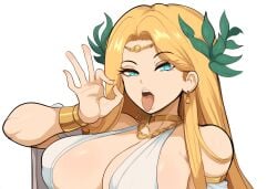 1girls ai_generated ancient_greece aphrodite blonde_hair facing_viewer fellatio_gesture female goddess greek_mythology inviting_to_sex large_breasts laurel_crown long_hair looking_at_viewer mullon novelai open_mouth solo suggestive suggestive_gesture tongue