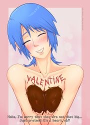 aqua_(kingdom_hearts) athletic_female blue_hair blush breast_press breast_squeeze chocolate closed_eyes completely_nude_female dialogue disney food_on_body food_on_breasts food_play head_tilt highres kingdom_hearts looking_at_viewer pale_skin pressing_breasts_together self_upload smiling square_enix squeezing_breasts stradivarius text valentine's_day wholesome