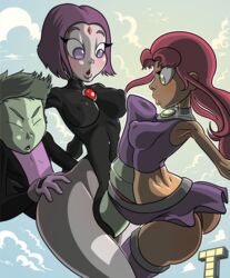 1boy 2girls beast_boy cartoon_network dc dc_comics horsecock medullamind penis_between_breasts penis_between_legs penis_under_clothes rachel_roth raven_(dc) starfire teen_titans