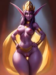 1girls ai_generated bedroom_eyes big_breasts elf_female erect_nipples female female_only looking_at_viewer night_elf nude_female scorpianpp self_upload smile solo solo_female solo_focus stable_diffusion warcraft