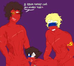 3boys anal_penetration anal_sex balls big_penis blonde_hair brown_hair chile_(countryhumans) clenched_teeth countryhumans erection eye_patch eyes_closed facial_markings from_behind from_behind_position gay male male/male mouth_open muscular naughty_face nipples nude one_eye_closed oral oral_sex penetration red_skin russia russia_(countryhumans) russian_text saliva saliva_string sex soviet_union_(countryhumans) spitroast sweat thrusting tongue_out yaoi