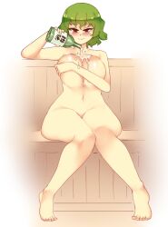 alcohol blush bottle breasts closed_mouth commentary completely_nude covering_privates english_commentary female full_body holding holding_bottle kazami_yuuka large_breasts looking_at_viewer milf navel nude pouring pouring_onto_self red_eyes rtil sitting smile solo touhou yuka_kazami