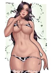 1girls 2024 big_ass big_breasts black_hair cow_ears cow_girl cow_horns cow_print dress female female_only green_eyes meylin_tyan oc panties seductive seductive_pose solo thick_thighs