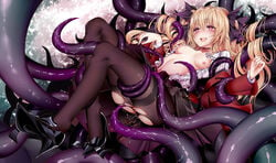 absurdres anotoki_ashi ass black_legwear consensual_tentacles copyright_request female highres nipples pussy restrained spread_legs tears tentacle tentacle_sex tentacles_under_clothes