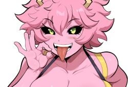 1girls ai_generated ashido_mina facing_viewer fellatio_gesture female inviting_to_sex large_breasts looking_at_viewer mina_ashido mullon my_hero_academia novelai open_mouth pink_body pink_hair solo suggestive suggestive_gesture tongue