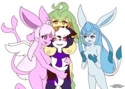 1boy 3girls blue_eyes blue_hair blue_skin breast_grab breast_hold breasts breasts_between_head breasts_out espeon excited_female female female_rape_victim forced_sex furry glaceon gold_eyes golden_eyes green_hair halo highres hugging hypno_eyes hypnosis imminent_rape imminent_sex leafeon leg_lift leg_raise leg_raised long_hair loving_embrace male multiple_girls pleasure pleasure_face pleasured pleasured_male pokemon pokemon_(species) purple_eyes purple_hair purple_scarf purple_skin rape scarf scarf_only starletnexus starlight_nexus yellow_eyes yellow_skin