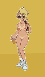 backpack bag blonde_hair blueycitrus casual coffee coffee_cup eyewear female footwear hazel_eyes human mauxie naked nude nudist orange_eyes pale_skin pink_nipples shaved_pussy sneakers sunglasses tan_body tanline