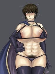 1girls abs angry areolae berkut_(fire_emblem) black_hair breasts cape clothed clothes clothing female female_focus female_only fire_emblem fire_emblem_echoes:_shadows_of_valentia gloves huge_breasts muscular_female naughty_face pubes pubic_hair rule_63 satrinameno seductive short_hair solo solo_female solo_focus thick_thighs