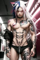 abs ai_generated briefs emo_boy long_hair male muscles neko_boy spiked_bracelet spiked_collar tattoos thong