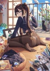 1girls artist_name blue_eyes bows brown_hair feet female female_only genshin_impact looking_at_viewer looking_back mona_(genshin_impact) nylons panties pantyhose schoolgirl solo toes witch