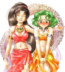 2girls ^_^ black_hair blush breasts choker cleavage closed_eyes female female_only fire_emblem fire_emblem:_thracia_776 green_eyes green_hair lara_(fire_emblem) long_hair lowres medium_breasts multiple_girls navel nervous nintendo outstretched_arm ponytail red_sarong sarong smile sweat tina_(fire_emblem) usachu_now