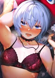 1boy akagi_asahito bed blue_eyes blue_hair blush bra breasts breath collarbone cover cover_page cum cum_on_body daddy female fuha_mika hair_between_eyes heart heart-shaped_pupils heavy_breathing highres holding_hands jewelry looking_at_viewer lying necklace nose_blush on_back on_bed open_mouth original out_of_frame red_bra ring ring_necklace sheet_grab short_hair small_breasts sweat symbol-shaped_pupils tissue underwear upper_body