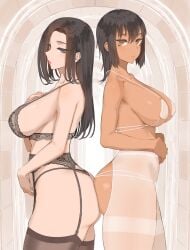 2girls big_ass big_breasts black_hair bubble_butt female female_only hazel_eyes light_brown_eyes lingerie long_hair looking_at_viewer maid short_hair throtem