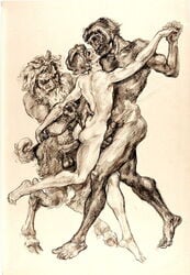 age_difference anal ass boner erection ernst_georg_hildebrandt ernst_georg_martin_hildebrandt ernst_hildebrandt fictional_interracial gay greek_mythology hooves horn human humansub interspecies male male/male male_on_male male_only mature mature_male monochrome penis satyr threesome yaoi