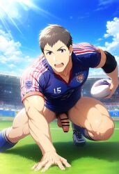 1boy ai_generated bottomless brown_hair hatopo005 idolmaster idolmaster_side-m male_focus male_only muscle outdoors penis shingen_seiji soccer_uniform solo sportswear