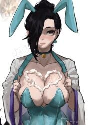 bell_collar big_breasts black_hair bunny_ears clothing collar feiyuu female female_only hair_bun hair_over_one_eye large_breasts riot_games sage_(valorant) valorant whipped_cream