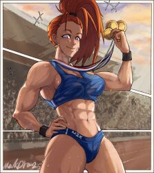 1girls abs bare_arms bare_legs bare_shoulders bare_thighs big_breasts blush brown_hair captain_mizuki clothed clothing color female female_focus female_only fit_female hi_res large_breasts light-skinned_female light_skin long_hair looking_at_viewer makdraw25 medals muscles muscular muscular_female one-punch_man people_in_background purple_eyes solo solo_female sports_bra sweat tagme thick_thighs