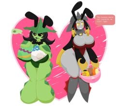 absurd_res aegislash alma_(metachoke) animate_inanimate anthro big_breasts breasts bunnysuit cacturne cactus cleavage easter easter_egg elfdrago flora_fauna hair nipples nora_(metachoke) pokemon pokemon_(species) sword tagme text thick_thighs