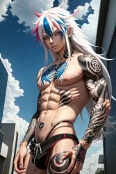 abs ai_generated briefs bulge emo_boy long_hair male muscles sensual tattoos thong_underwear