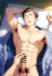 1boy abs ai_generated bed bedroom brown_hair closed_eyes hatopo005 idolmaster idolmaster_side-m lying lying_on_back male_focus male_only penis pillow robe shingen_seiji sleeping solo