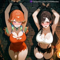 2girls ai_assisted ai_generated blushing_female chained_to_wall cleavage dark_brown_hair dungeon earrings embarrassed_female final_fantasy_vii goth_maniac gothmaniac hololive hololive_english hourglass_figured_female large_breasts long_hair_female looking_at_viewer multicolored_hair orange_hair panicking pink_eyes red_eyes stone_wall takanashi_kiara tifa_lockhart torn_clothes virtual_youtuber
