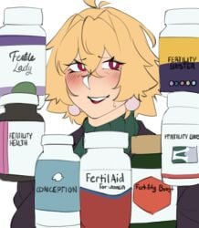 1girls belly_button blonde_hair blush charlotte_(buskhusker) earrings english_text female fertility_drug fertility_pills gilf hag isabongos jewelry light-skinned_female light_skin mature_female meme meme_reference milf original pill_bottle red_eyes refire_a_dying_star_(meme) short_hair solo sweat sweatdrop text