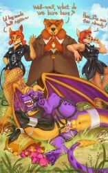 activision anthro anus bear bondage bound chastity_cage chastity_device clothing comic cuff_(restraint) dominant dominant_female dragon elora english_text female gag genitals group handcuffs hi_res kangoo latex latex_clothing male male/female male/male mammal metal_cuffs moneybags_(spyro) mythological_creature mythological_scalie mythology penis psychobirb restraints scalie sheila_(spyro) spyro_the_dragon submissive text