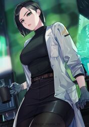 belt black_hair black_skirt black_sweater black_turtleneck depth_of_field desk female gloves green_eyes kagematsuri labcoat large_breasts lips mug pantyhose sabine_callas short_hair sitting skirt solo turtleneck valorant viper_(valorant)