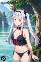 ai_generated bare_shoulders bikini black_bikini blue_eyes blush breasts cleavage day detached_collar elf female hair_ribbon hairband isekai_nonbiri_nouka long_hair looking_at_viewer medium_breasts navel outdoors pikkiwynn pointy_ears ribbon rurushi_ru side-tie_bikini_bottom sidelocks smile solo standing stomach swimsuit tree twintails wading water