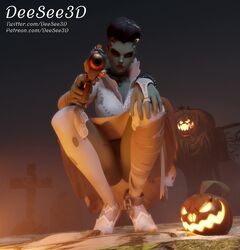 1girls blizzard_entertainment breasts bride_sombra chain deesee3d dress dress_lift female green_skin kneeling latina looking_at_viewer overwatch pussy skirt skirt_lift sombra upskirt video_games