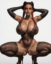 1girls ai_generated apex_legends big_breasts breasts cleavage high_heels large_breasts league69 leotard loba loba_(apex_legends) looking_at_viewer nipples nipples_visible_through_clothing pussy_juice pussy_juice_drip see-through_clothing squatting thighhighs thighs white_background