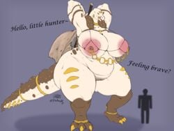 anjanath anthro areola ass belly big_areola big_belly big_breasts big_butt big_nipples breasts brute_wyvern capcom claws collar dinosaur dizzyknight english_text female fur hi_res huge_breasts huge_butt hyper hyper_butt licking licking_lips lips macro monster_hunter navel nipple_chain nipple_piercing nipples nude piercing plump_labia pussy reptile scalie text thick_thighs tongue tongue_out video_games wide_hips