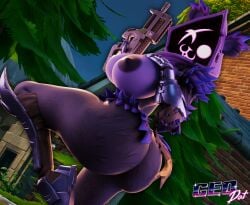 :3 anthro big_ass big_breasts fortnite fortnite:_battle_royale geodat64 gun looking_at_viewer looking_back p90 raven_team_leader submachine_gun tagme tease teasing wink winking winking_at_viewer