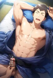 1boy abs ai_generated bed bedroom brown_hair closed_eyes hatopo005 idolmaster idolmaster_side-m lying lying_on_back male_focus male_only penis pillow robe shingen_seiji sleeping solo