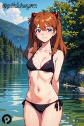 ai_generated arms_behind_back asuka_langley_sohryu bangs bikini black_bikini blue_eyes blue_sky blush breasts brown_hair closed_mouth cloud collarbone cowboy_shot day female halterneck interface_headset long_hair looking_at_viewer navel neon_genesis_evangelion outdoors pikkiwynn side-tie_bikini_bottom sky smile solo swimsuit water