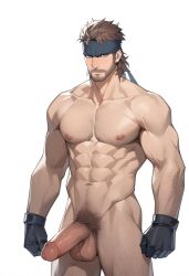 1boy abs ai_generated ai_golden_map balls ballsack bara beard beefy blue_eyes body_hair brown_hair erection facial_hair foreskin foreskin_folds gloves headband human intact male male_nipples male_only male_pubic_hair manly metal_gear_solid mullet_(hairstyle) muscles muscular_male mustache nude_male pecs penis retracted_foreskin scrotum solid_snake solo testicles uncut veiny_penis