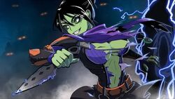 2d alternate_costume apex_legends black_hair breasts clothing_damage green_eyes green_skin kunai large_breasts mistress_of_evil_wraith pikat ripped_clothing tagme witch wraith_(apex_legends)