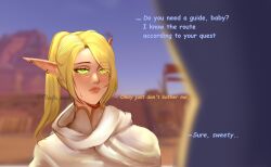 1girls 2024 armor blizzard_entertainment blonde_hair blonde_hair_female blood_elf dress female female_only green_eyes meylin_tyan oc story_in_picture tired tired_eyes warcraft world_of_warcraft