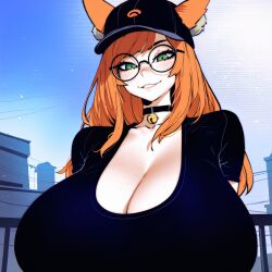 >:3 1girls 2024 ai_generated arcadiasofka arms_behind_back ballcap bangs bell_collar big_breasts black_collar black_shirt breasts_bigger_than_head city_background cleavage clothed clothed_female collar female female_only fox_ears fox_girl freckles freckles_on_breasts freckles_on_face green_eyes hat huge_breasts light-skinned_female light_skin long_hair massive_breasts original_character red_hair round_glasses smile smile_at_viewer smirk smirking smirking_at_viewer