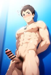 1boy abs against_wall ai_generated arms_behind_back brown_hair hatopo005 idolmaster idolmaster_side-m male_focus male_only nude penis penis_grab presenting_penis shingen_seiji solo