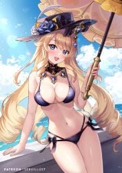 1girls bikini black_bikini blonde_hair blue_eyes breasts curvaceous drill_hair female female_only genshin_impact hat navel navia_(genshin_impact) sebu_illust smile solo umbrella