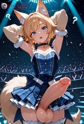 1boy ? ai_generated balls blonde_hair blue_eyes cat_ears choker femboy flat_chest fox fox_ears fox_tail high_resolution highres huge_cock ilfb looking_at_viewer medium_hair more_at_source open_mouth original original_character otoko_no_ko precum testicles trap