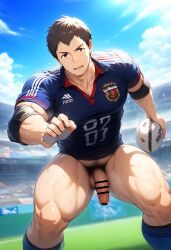 1boy ai_generated bottomless brown_hair hatopo005 idolmaster idolmaster_side-m male_focus male_only muscle outdoors penis shingen_seiji soccer_uniform solo sportswear