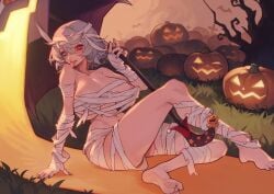 areola_slip bare_tree bat_(animal) black_nails blue_eyes blue_hair breasts female full_body halloween heterochromia highres jack-o'-lantern joker_(stjoker) karakasa_obake kogasa_tatara large_breasts looking_at_viewer mummy_costume purple_umbrella red_eyes short_hair sitting soles tatara_kogasa tombstone touhou tree umbrella variant_set