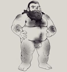 1boy absurdres armpit_hair armpit_hair_peek back_hair bara beard beard_over_mouth belly brown_hair completely_nude dungeon_meshi dwarf expressionless facial_hair flaccid full_body greyscale hairy highres long_beard looking_at_viewer male male_focus male_only male_pubic_hair monochrome muscular muscular_male nude penis plump pubic_hair senshi_(dungeon_meshi) solo standing thick_arm_hair thick_chest_hair thick_leg_hair thick_mustache thick_navel_hair very_hairy very_long_beard yawmie