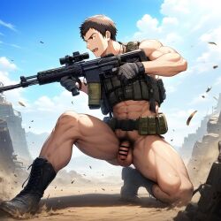 1boy ai_generated brown_hair dirty gun hatopo005 idolmaster idolmaster_side-m male_focus male_only outdoors penis pubic_hair shingen_seiji solo tactical_gear weapon