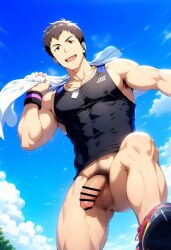 1boy ai_generated bottomless brown_hair earbuds hatopo005 idolmaster idolmaster_side-m male_focus male_only outdoors penis public shingen_seiji solo sportswear sweat tank_top