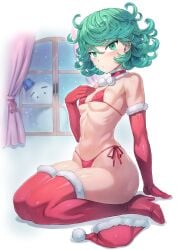 1girls blush choker christmas color eyelashes female female_only green_eyes green_hair high_heels looking_at_viewer mogudan one-punch_man panties santa_hat small_breasts solo solo_female solo_focus tatsumaki thick_thighs thighhighs thighs wide_hips